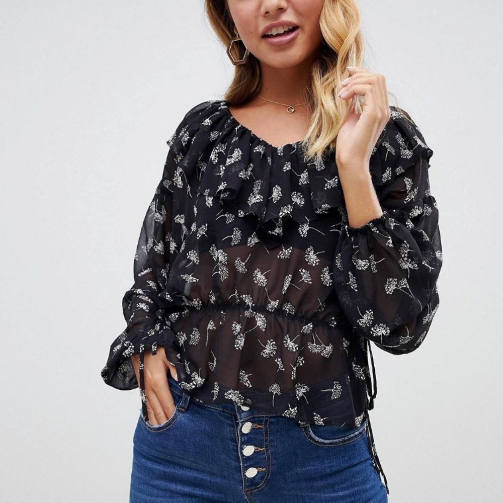 ASOS Design long sleeve ruffle v neck top in floral print